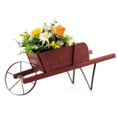  - Wooden Wagon Planter with 9 Magnetic Accessories for Garden Yard - Red - Outdoor Style Company