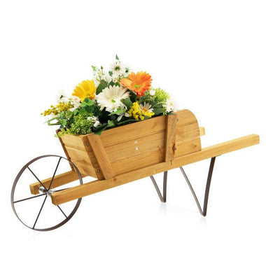  - Wooden Wagon Planter with 9 Magnetic Accessories for Garden Yard - Walnut - Outdoor Style Company