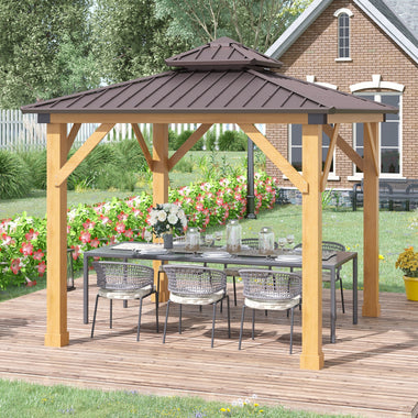 Outdoor and Garden-10' x 10' Hardtop Gazebo Canopy Patio Shelter Outdoor with Solid Wood Frame, Steel Double Tier Roof, Brown - Outdoor Style Company