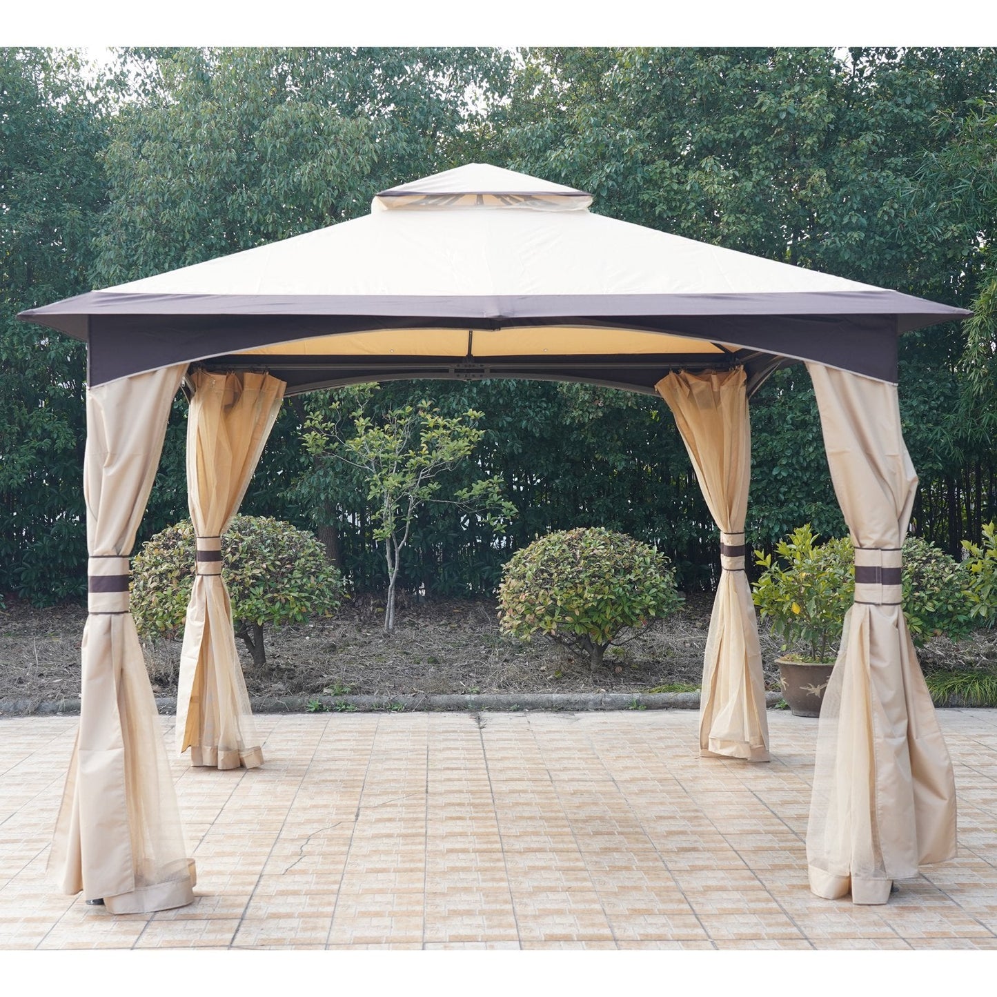 Outdoor and Garden-10' x 10' Outdoor Gazebo with Mesh Netting Sidewalls for Shade, Patio Gazebo Canopy with 2-Tier Soft Top Roof and Steel Frame for Lawn - Outdoor Style Company
