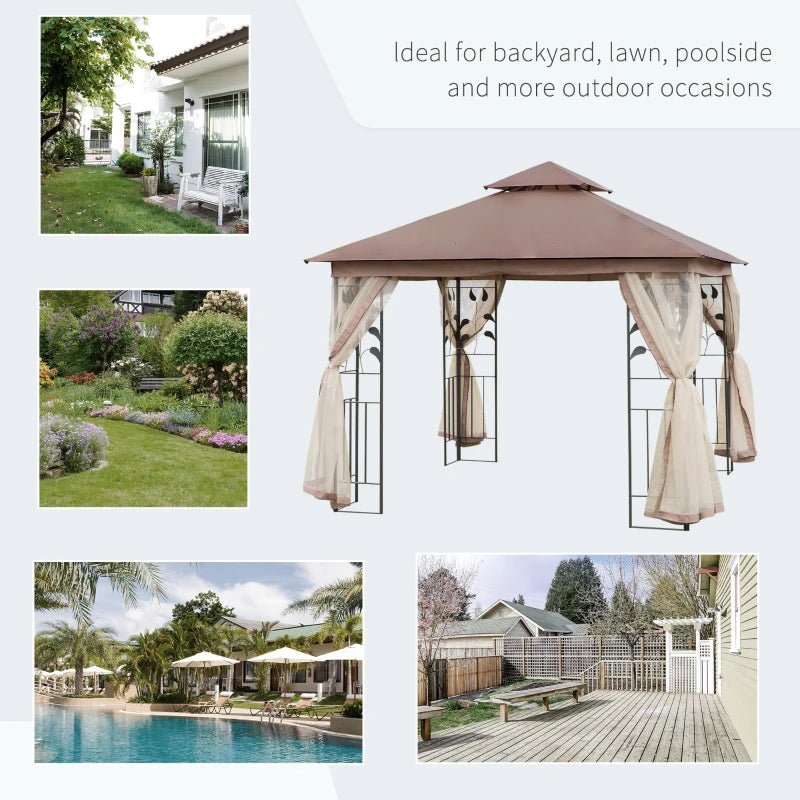 Outdoor and Garden-10' x 10' Outdoor Patio Gazebo Canopy with 2-Tier Polyester Roof, Netting, Curtain Sidewalls, and Steel Frame, Brown - Outdoor Style Company