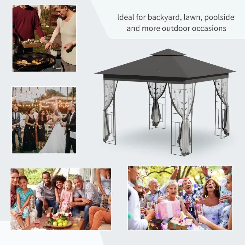 Outdoor and Garden-10' x 10' Outdoor Patio Gazebo Canopy with 2-Tier Polyester Roof, Netting, Curtain Sidewalls, and Steel Frame, Grey - Outdoor Style Company