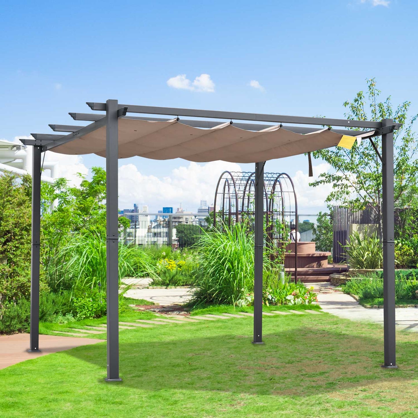 Outdoor and Garden-10' x 10' Outdoor Pergola Patio Gazebo Retractable Canopy Sun Shelter with Steel Frame - Outdoor Style Company