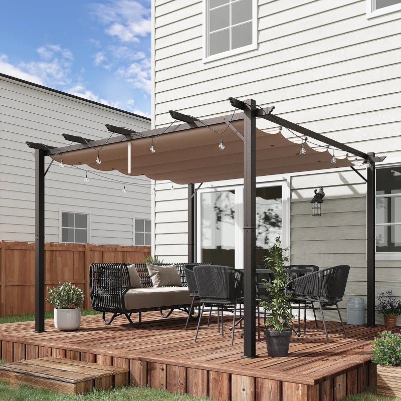 Outdoor and Garden-10' x 10' Outdoor Retractable Pergola Canopy, Aluminum Patio Pergola, Backyard Shade Shelter for Porch Party, Garden, Grill Gazebo - Brown - Outdoor Style Company