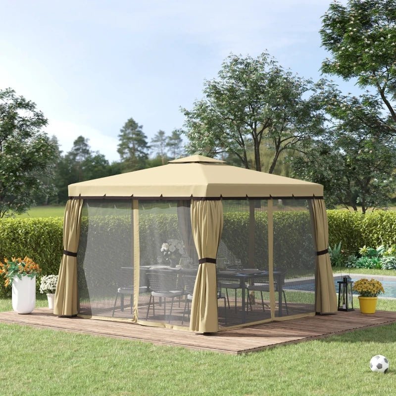 Outdoor and Garden-10' x 10' Patio Gazebo Outdoor Canopy Shelter with Double Tier Roof, Netting and Curtains for Garden, Lawn, Backyard and Deck, Beige - Outdoor Style Company