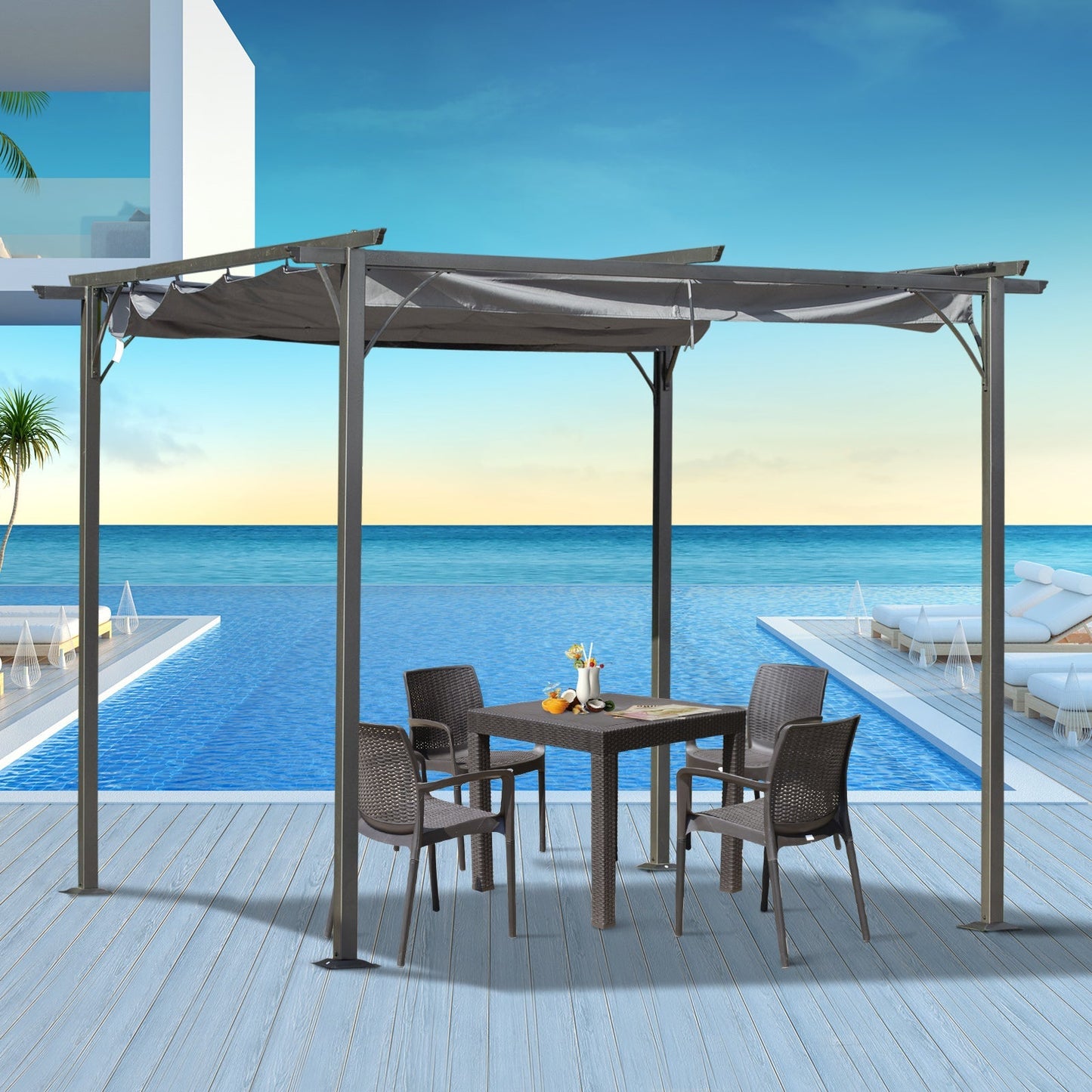 Outdoor and Garden-10' x 10' Retractable Patio Gazebo Pergola with UV Resistant Outdoor Canopy & Strong Steel Frame - Outdoor Style Company