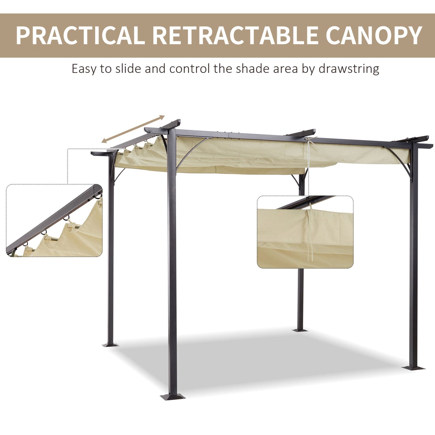 Outdoor and Garden-10' x 10' Retractable Patio Gazebo Pergola with UV Resistant Outdoor Canopy & Strong Steel Frame Beige - Outdoor Style Company