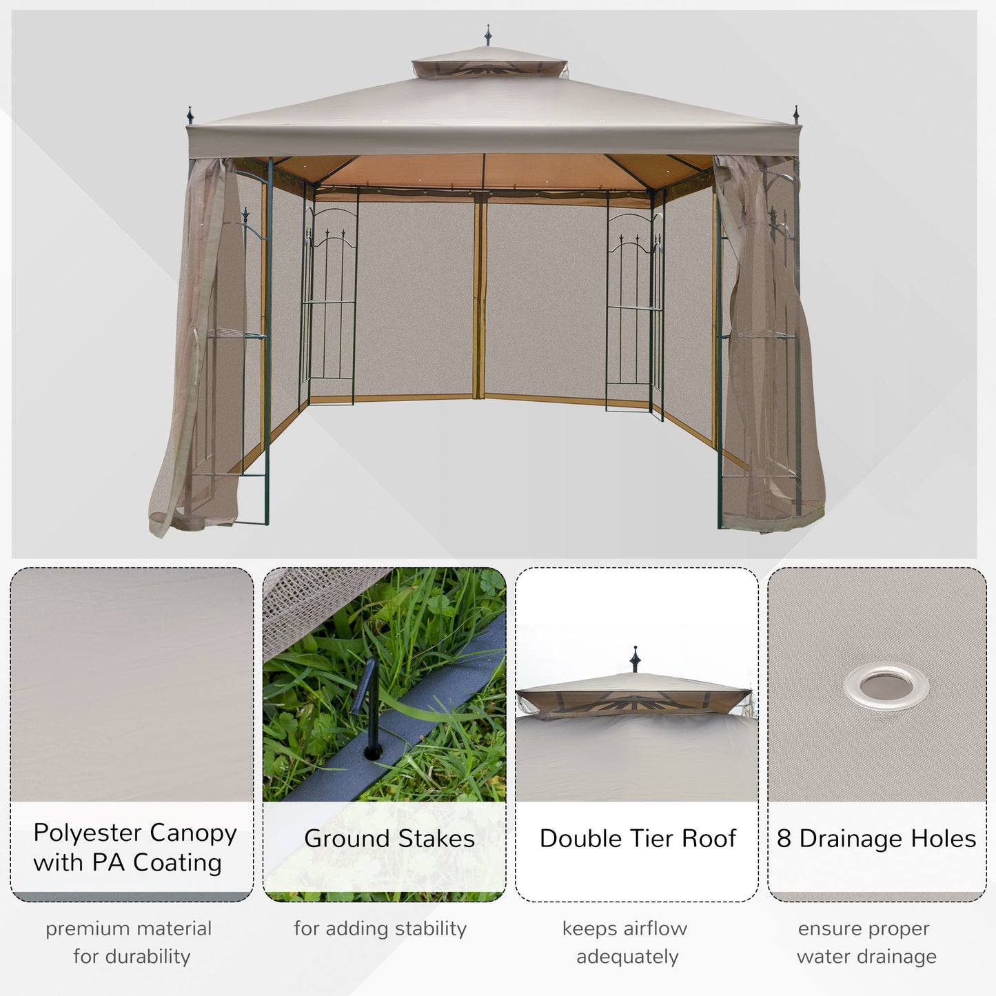Outdoor and Garden-10' x 10' Steel Outdoor Patio Gazebo Canopy with Removable Mesh Curtains, Display Shelves, & Steel Frame, Brown - Outdoor Style Company