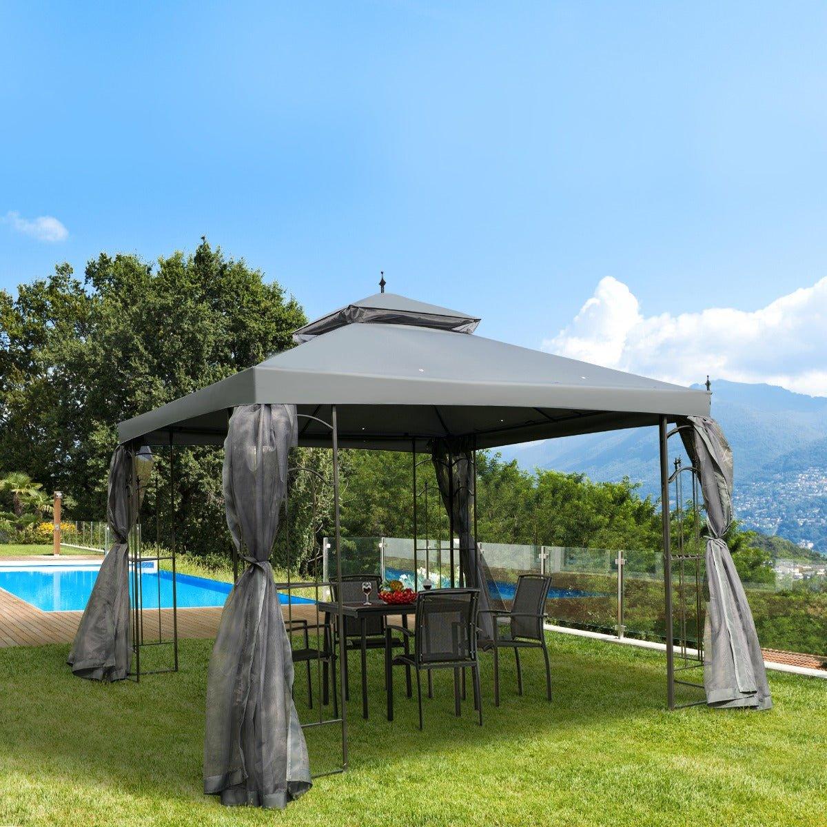 Outdoor and Garden-10' x 10' Steel Outdoor Patio Gazebo Canopy with Removable Mesh Curtains, Display Shelves, & Steel Frame, Grey - Outdoor Style Company