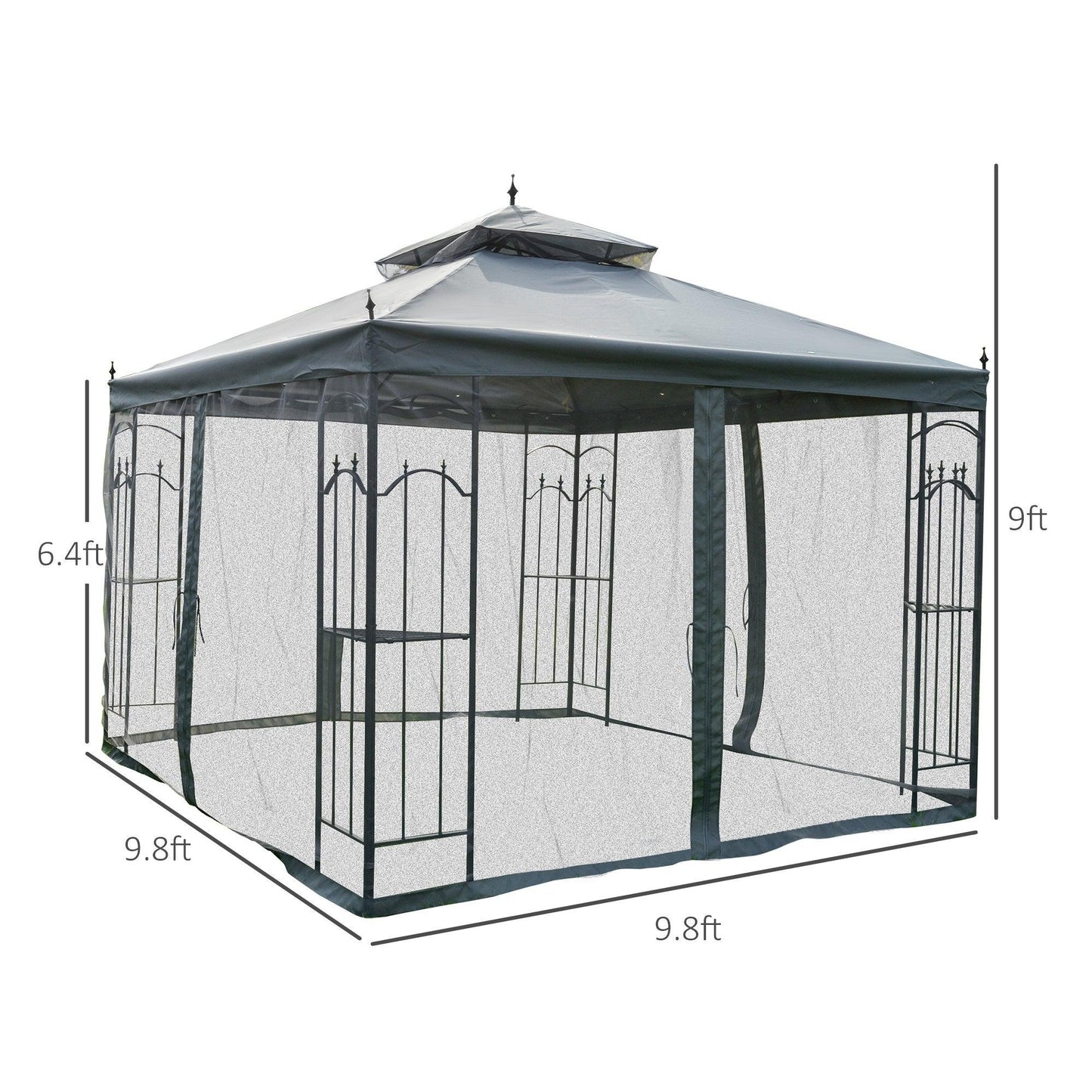 Outdoor and Garden-10' x 10' Steel Outdoor Patio Gazebo Canopy with Removable Mesh Curtains, Display Shelves, & Steel Frame, Grey - Outdoor Style Company