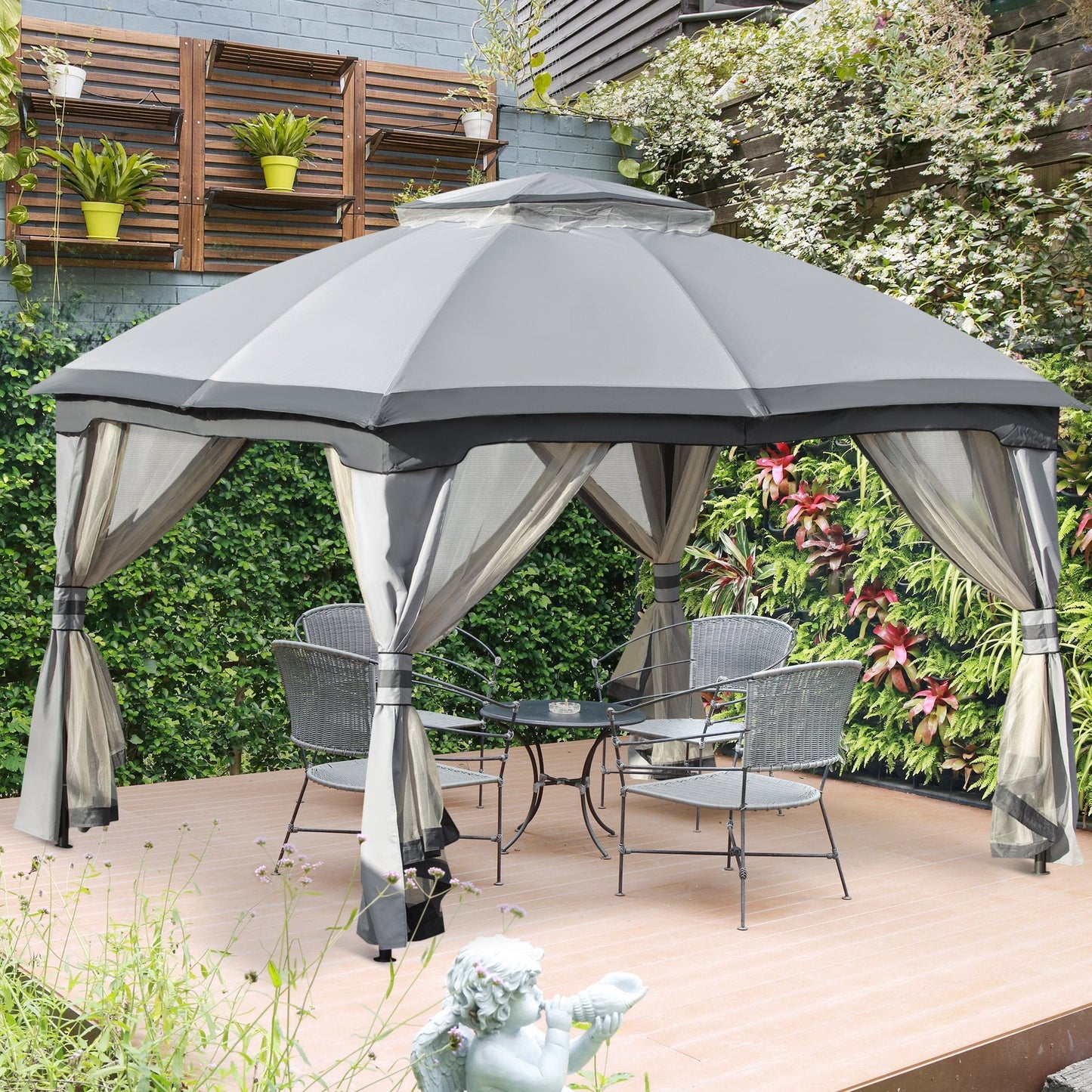 Outdoor and Garden-10' x 12' Outdoor Gazebo, Patio Gazebo Canopy Shelter w/ Double Vented Roof, Zippered Mesh Sidewalls, Solid Steel Frame, Grey - Outdoor Style Company