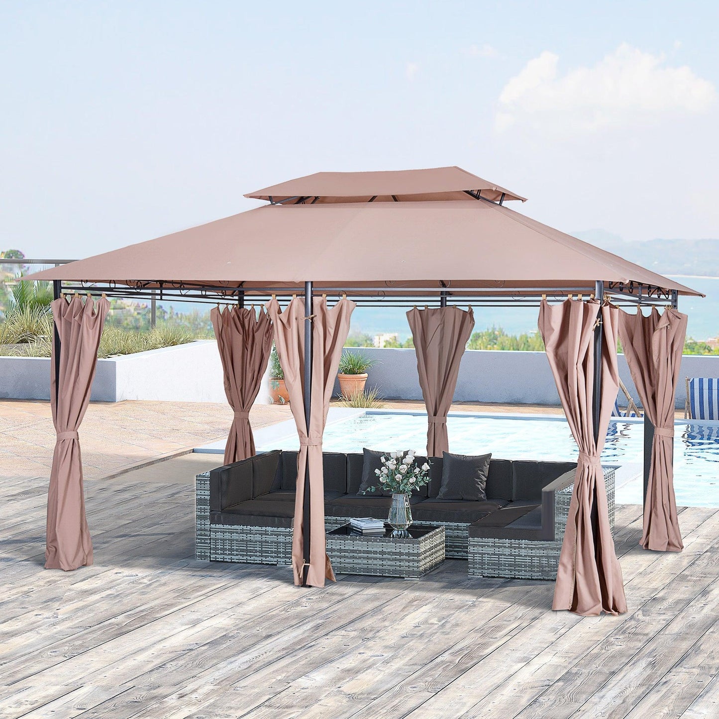 Outdoor and Garden-10' x 13' Outdoor Soft Top Gazebo Pergola with Curtains, 2-Tier Steel Frame Gazebo for Patio, Khaki - Outdoor Style Company