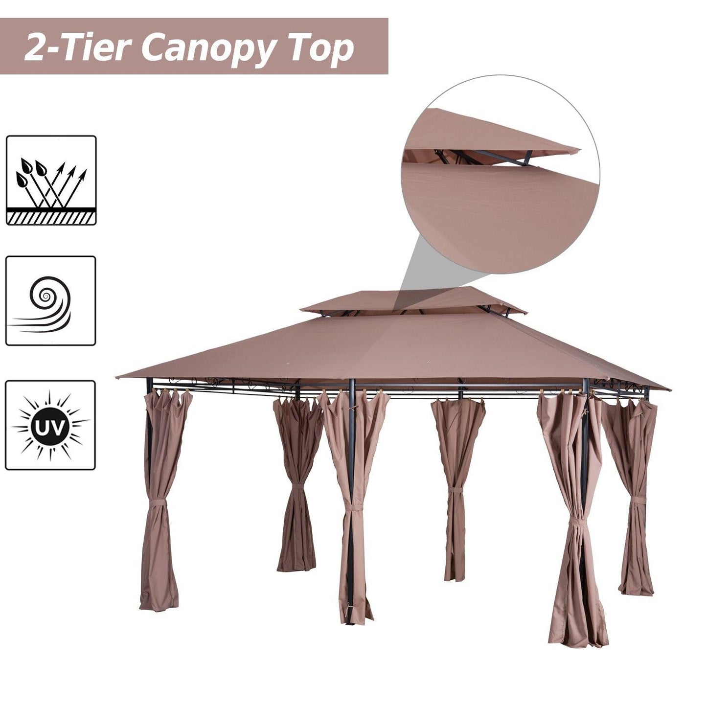 Outdoor and Garden-10' x 13' Outdoor Soft Top Gazebo Pergola with Curtains, 2-Tier Steel Frame Gazebo for Patio, Khaki - Outdoor Style Company