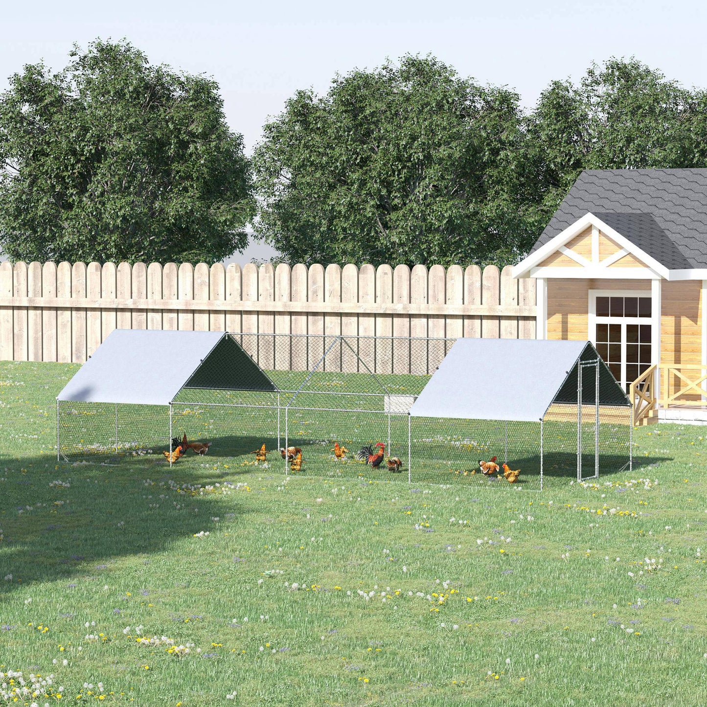 Pet Supplies-10' x 26' x 6.5' Large Metal Chicken Coop with Run, Walk-in Poultry Cage Hen Playpen House with Cover & Lockable Door for Farm Backyard, Silver - Outdoor Style Company