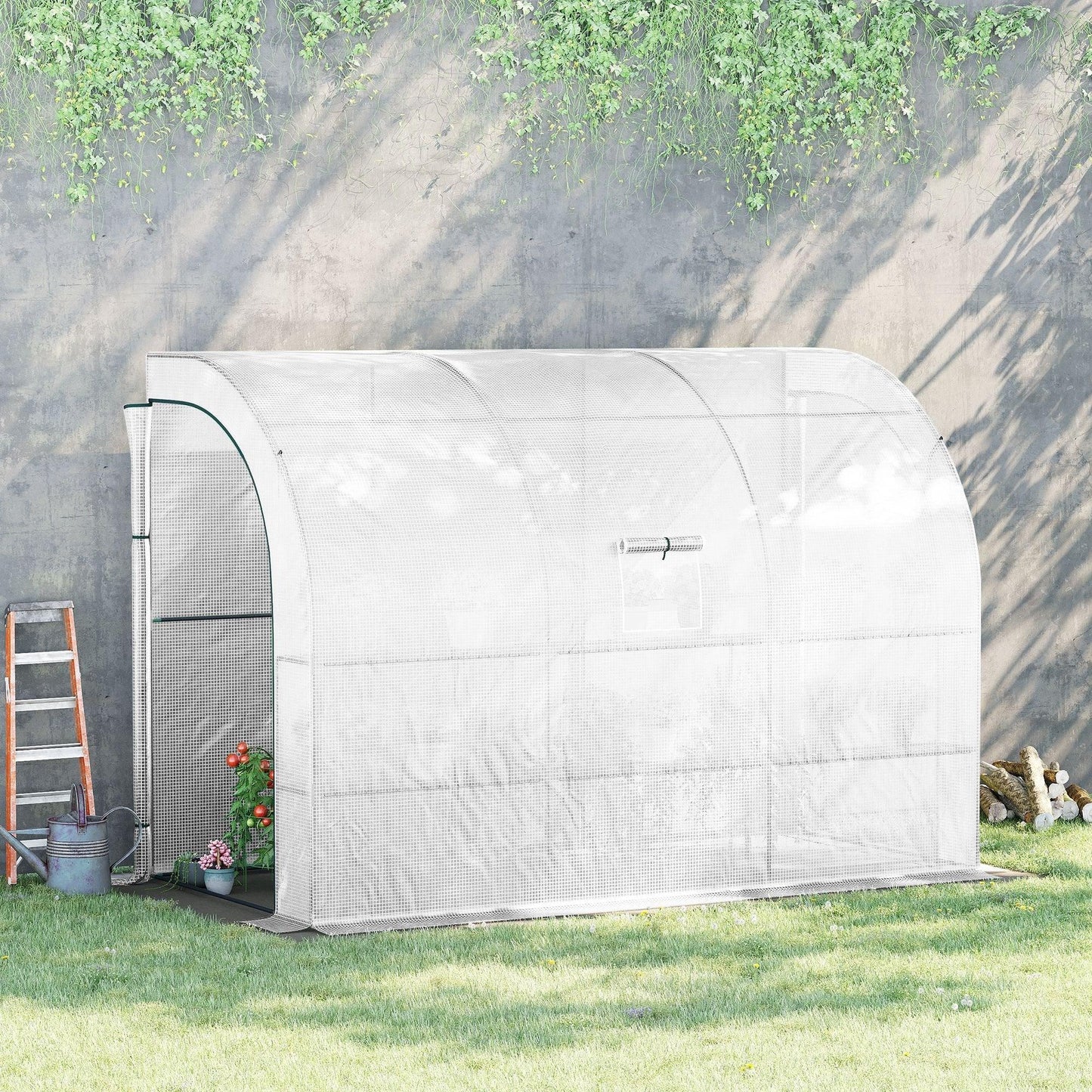 Miscellaneous-10' x 5' x 7' Lean to Greenhouse, Walk-In Green House, Plant Nursery with 2 Roll-up Doors and Windows, PE Cover and 3 Wire Shelves, White - Outdoor Style Company