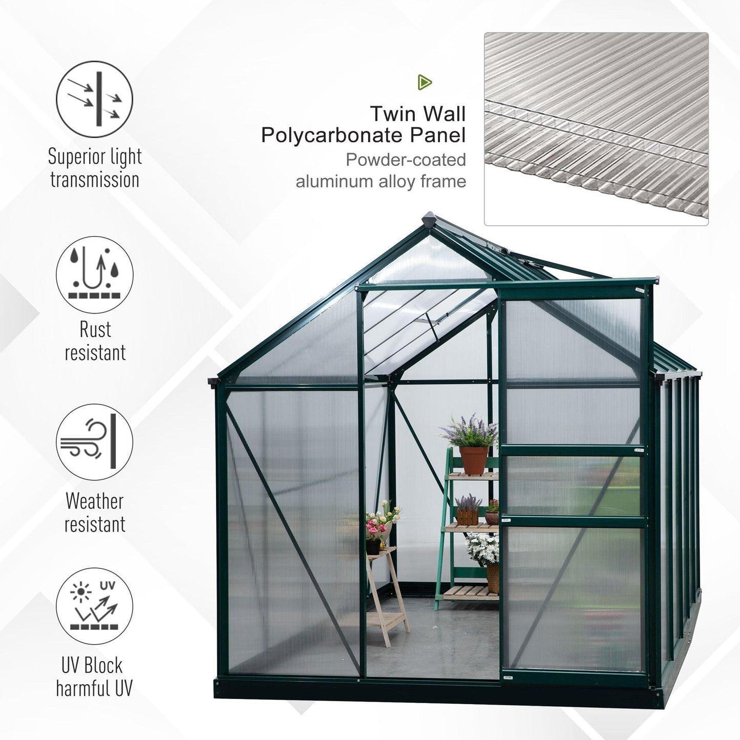 Outdoor and Garden-10' x 6' x 7' Garden Greenhouse for Backyard/Outdoor Use with Window and Door, Aluminum Frame, PC Board - Outdoor Style Company