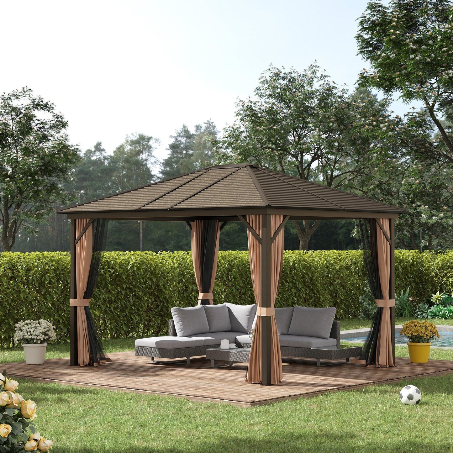 Outdoor and Garden-10' x12' Hardtop Gazebo with Aluminum Frame, Permanent Metal Roof Gazebo Canopy with 2 Hooks, Curtains and Netting for Garden, Brown - Outdoor Style Company