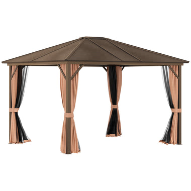 Outdoor and Garden-10' x12' Hardtop Gazebo with Aluminum Frame, Permanent Metal Roof Gazebo Canopy with 2 Hooks, Curtains and Netting for Garden, Brown - Outdoor Style Company