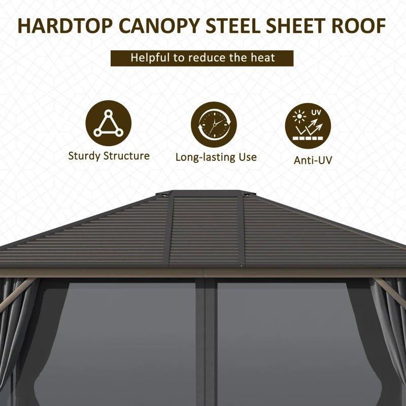 Outdoor and Garden-10' x12' Hardtop Gazebo with Aluminum Frame, Permanent Metal Roof Gazebo Canopy with 2 Hooks, Curtains and Netting for Garden, Dark Grey - Outdoor Style Company