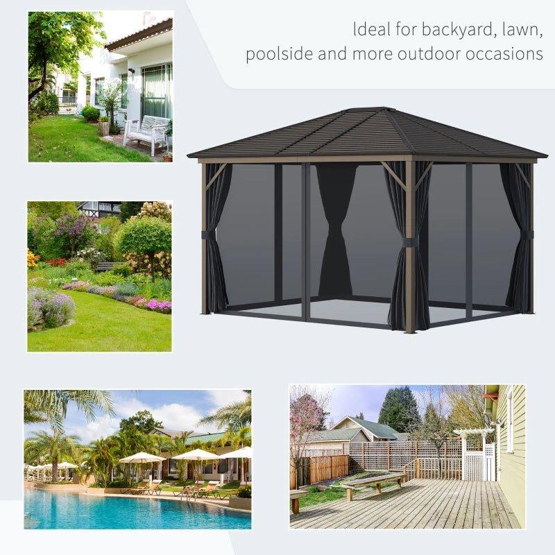 Outdoor and Garden-10' x12' Hardtop Gazebo with Aluminum Frame, Permanent Metal Roof Gazebo Canopy with 2 Hooks, Curtains and Netting for Garden, Dark Grey - Outdoor Style Company