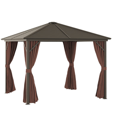 Outdoor and Garden-10x10 Hardtop Gazebo with Aluminum Frame, Permanent Metal Roof Gazebo Canopy with Curtains and Netting for Backyard, Dark Brown - Outdoor Style Company
