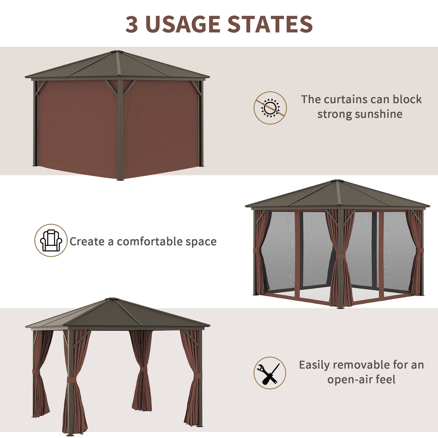 Outdoor and Garden-10x10 Hardtop Gazebo with Aluminum Frame, Permanent Metal Roof Gazebo Canopy with Curtains and Netting for Backyard, Dark Brown - Outdoor Style Company
