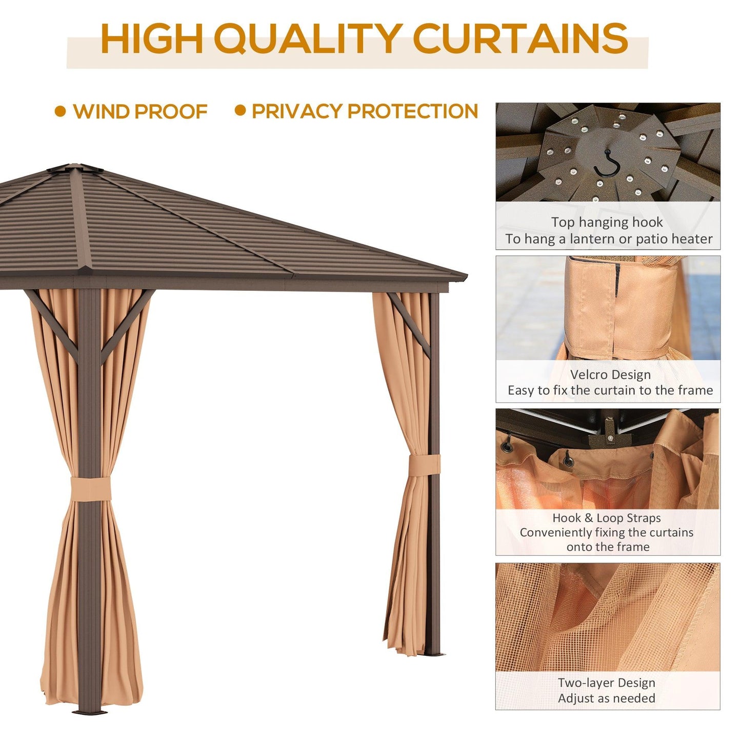 Outdoor and Garden-10x10 Hardtop Gazebo with Aluminum Frame, Permanent Metal Roof Gazebo Canopy with Curtains and Netting for Garden, Light Brown - Outdoor Style Company