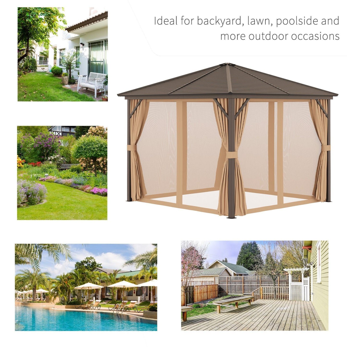 Outdoor and Garden-10x10 Hardtop Gazebo with Aluminum Frame, Permanent Metal Roof Gazebo Canopy with Curtains and Netting for Garden, Light Brown - Outdoor Style Company