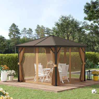 Outdoor and Garden-10x10 Hardtop Gazebo with Aluminum Frame, Permanent Metal Roof Gazebo Canopy with Curtains and Netting for Garden, Light Brown - Outdoor Style Company