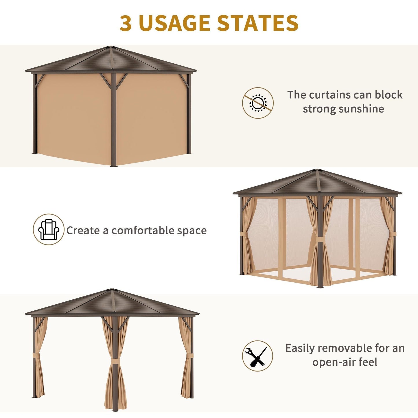 Outdoor and Garden-10x10 Hardtop Gazebo with Aluminum Frame, Permanent Metal Roof Gazebo Canopy with Curtains and Netting for Garden, Light Brown - Outdoor Style Company