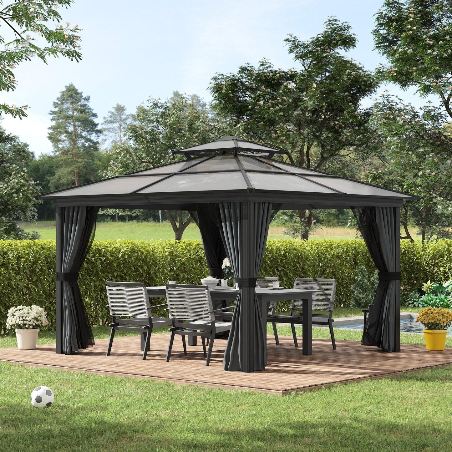 Outdoor and Garden-10x10 Hardtop Gazebo with Aluminum Frame, Polycarbonate Gazebo Canopy with Curtains, Netting for Garden, Patio, Backyard, Black - Outdoor Style Company