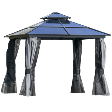 Outdoor and Garden-10x10 Hardtop Gazebo with Aluminum Frame, Polycarbonate Gazebo Canopy with Curtains, Netting for Garden, Patio, Backyard, Grey - Outdoor Style Company