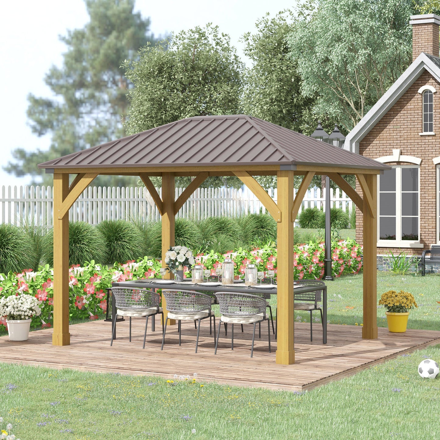 Outdoor and Garden-10x12 Galvanized Steel Gazebo with Wooden Frame, Permanent Metal Roof Gazebo Canopy for Garden, Patio, Backyard, Brown - Outdoor Style Company