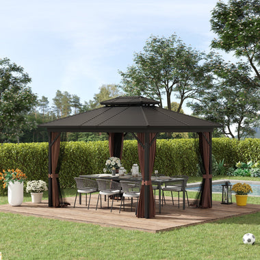 Outdoor and Garden-10x12 Hardtop Gazebo with Aluminum Frame, Permanent Metal Roof Gazebo Canopy w/ Curtains & Netting for Garden, Patio, Backyard, Dark Brown - Outdoor Style Company