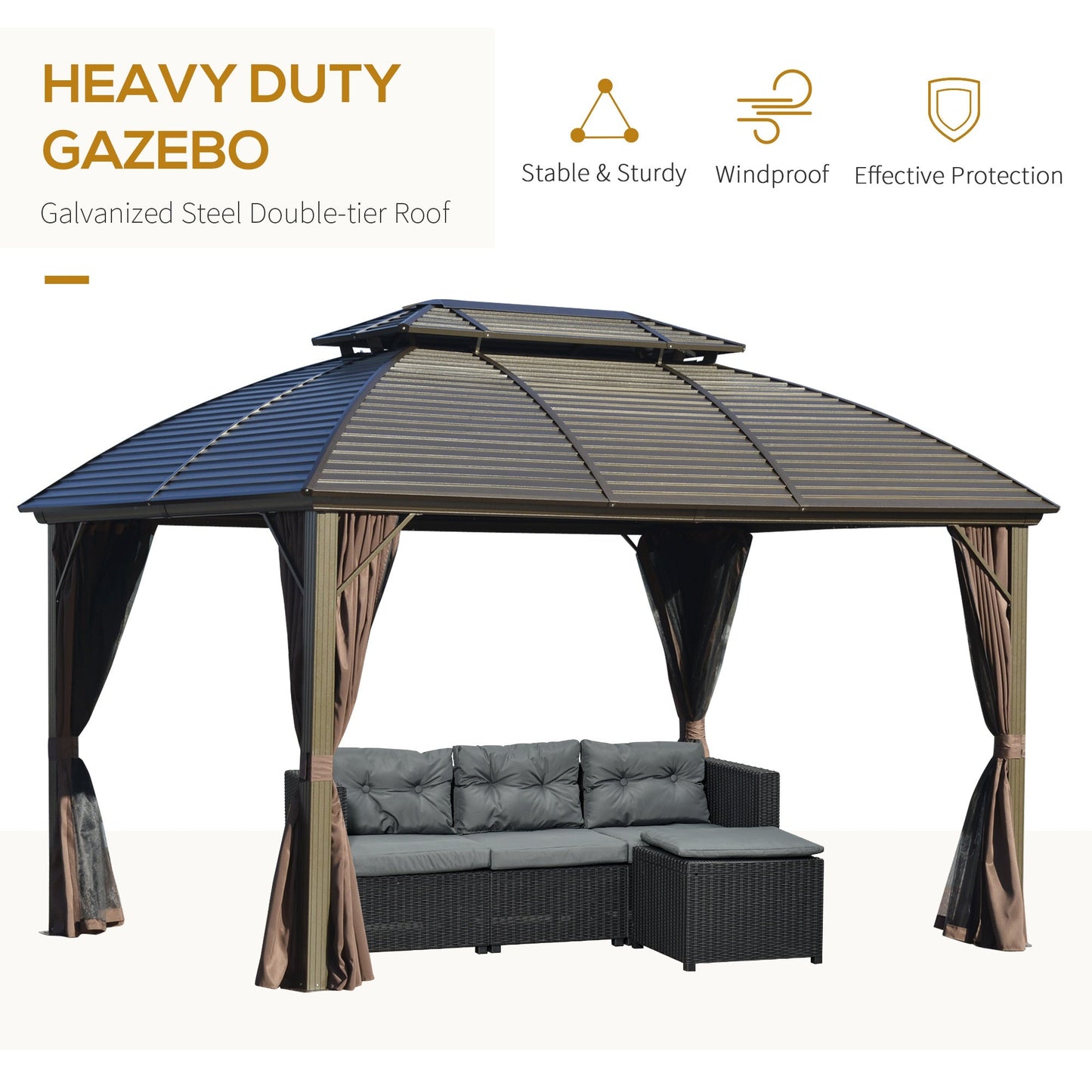 Outdoor and Garden-10x12 Hardtop Gazebo with Aluminum Frame, Permanent Metal Roof Gazebo Canopy with Curtains and Netting for Garden, Patio, Backyard, Brown - Outdoor Style Company
