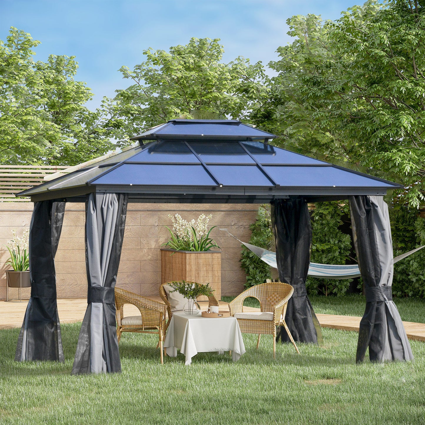 Outdoor and Garden-10x12 Hardtop Gazebo with Aluminum Frame, Polycarbonate Gazebo Canopy with Curtains, Netting for Garden, Patio, Backyard, Grey - Outdoor Style Company
