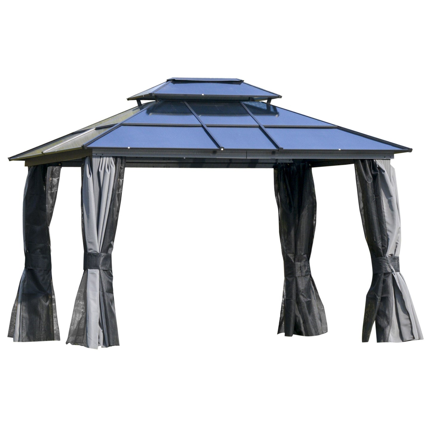 Outdoor and Garden-10x12 Hardtop Gazebo with Aluminum Frame, Polycarbonate Gazebo Canopy with Curtains, Netting for Garden, Patio, Backyard, Grey - Outdoor Style Company