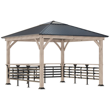 Outdoor and Garden-11' x 11' Outdoor Gazebo Grill Canopy with Bar Counters, Ceiling Hook, Metal and Acrylic Combined Roof, Wood Frame Hardtop Gazebo - Outdoor Style Company