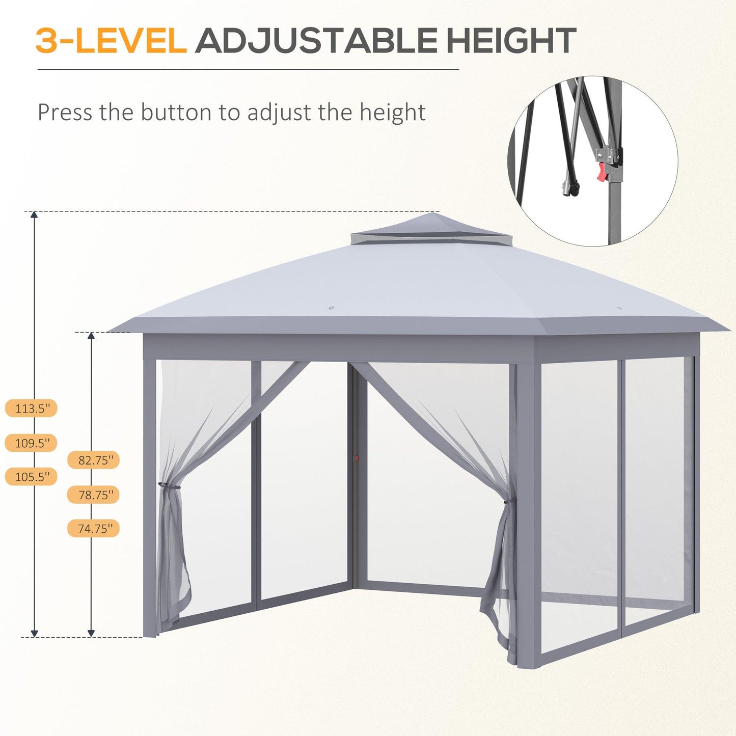 Miscellaneous-11' x 11' Pop Up Gazebo, Double Roof Foldable Canopy Tent with Zippered Mesh Sidewalls, Height Adjustable and Carrying Bag, Event Tent, Grey - Outdoor Style Company