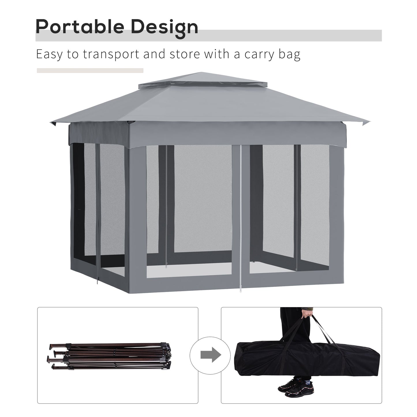 Outdoor and Garden-11' x 11' Pop Up Gazebo Outdoor Canopy Shelter with 2-Tier Soft Top and Removable Zipper Netting, Large Shade, Storage Bag for Patio, Grey - Outdoor Style Company