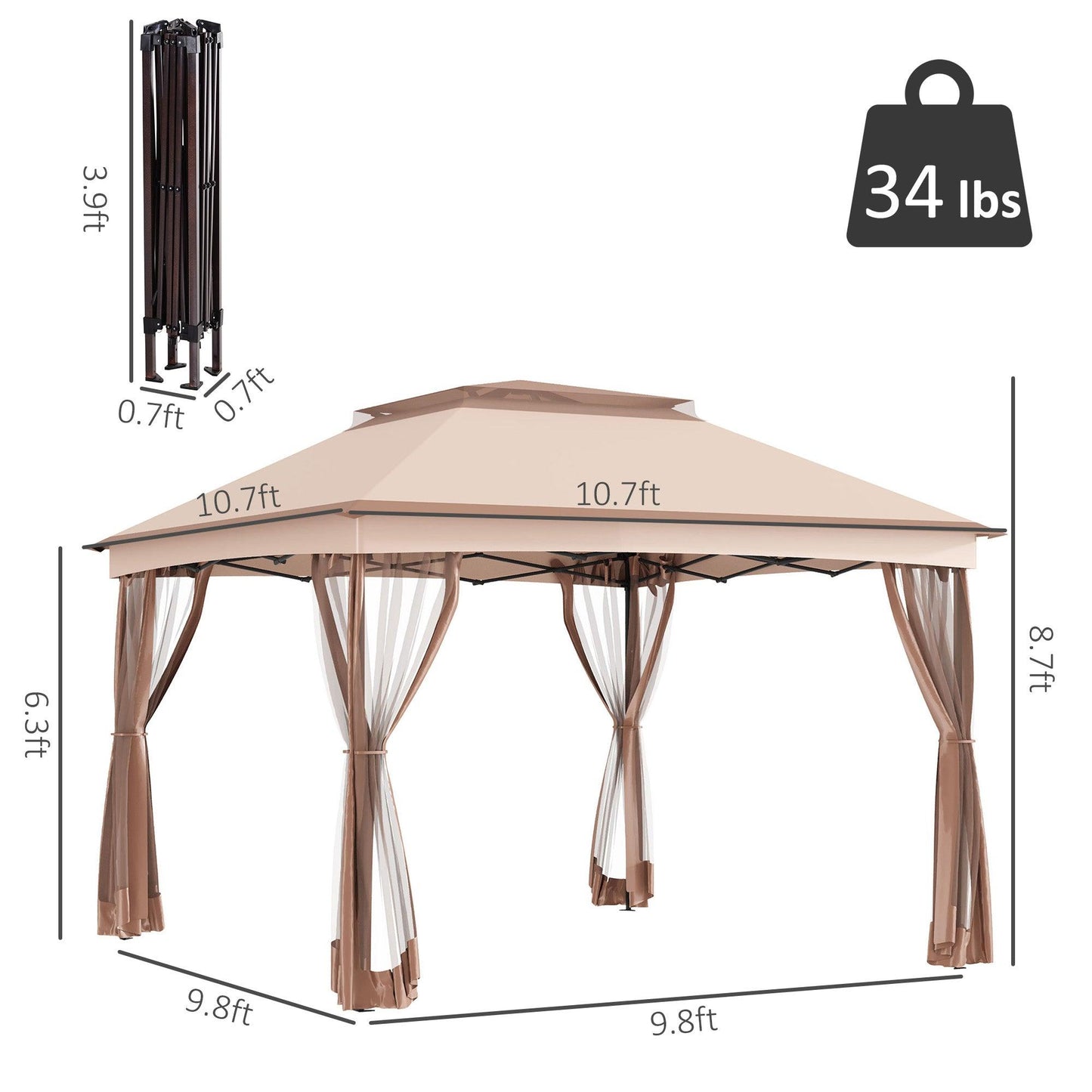 Outdoor and Garden-11' x 11' Pop Up Gazebo Outdoor Canopy Shelter with 2-Tier Soft Top, Removable Zipper Netting w/ Large Shade, Storage Bag for Patio, Khaki - Outdoor Style Company