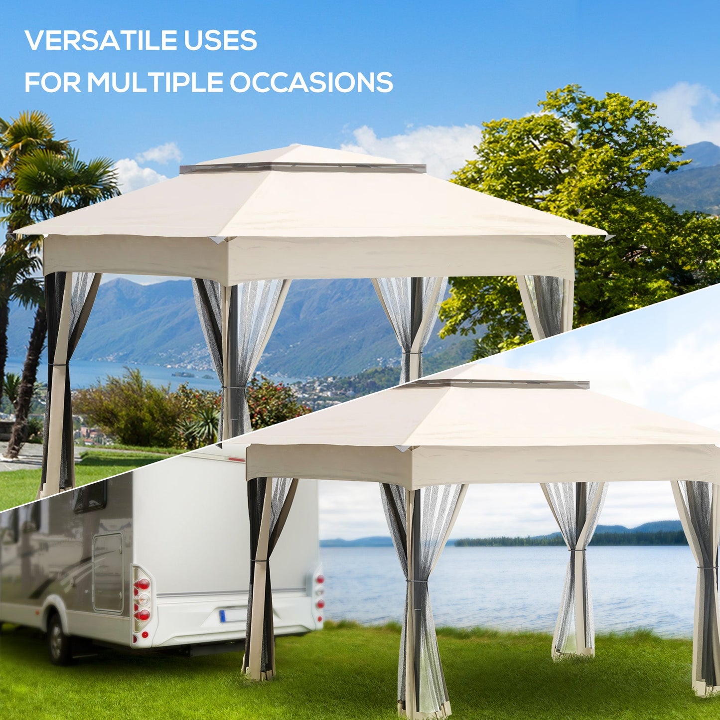 Outdoor and Garden-11' x 11' Pop Up Gazebo with Removable Zipper Netting, 2-Tier Soft Top and Storage Bag for Patio, Beige - Outdoor Style Company