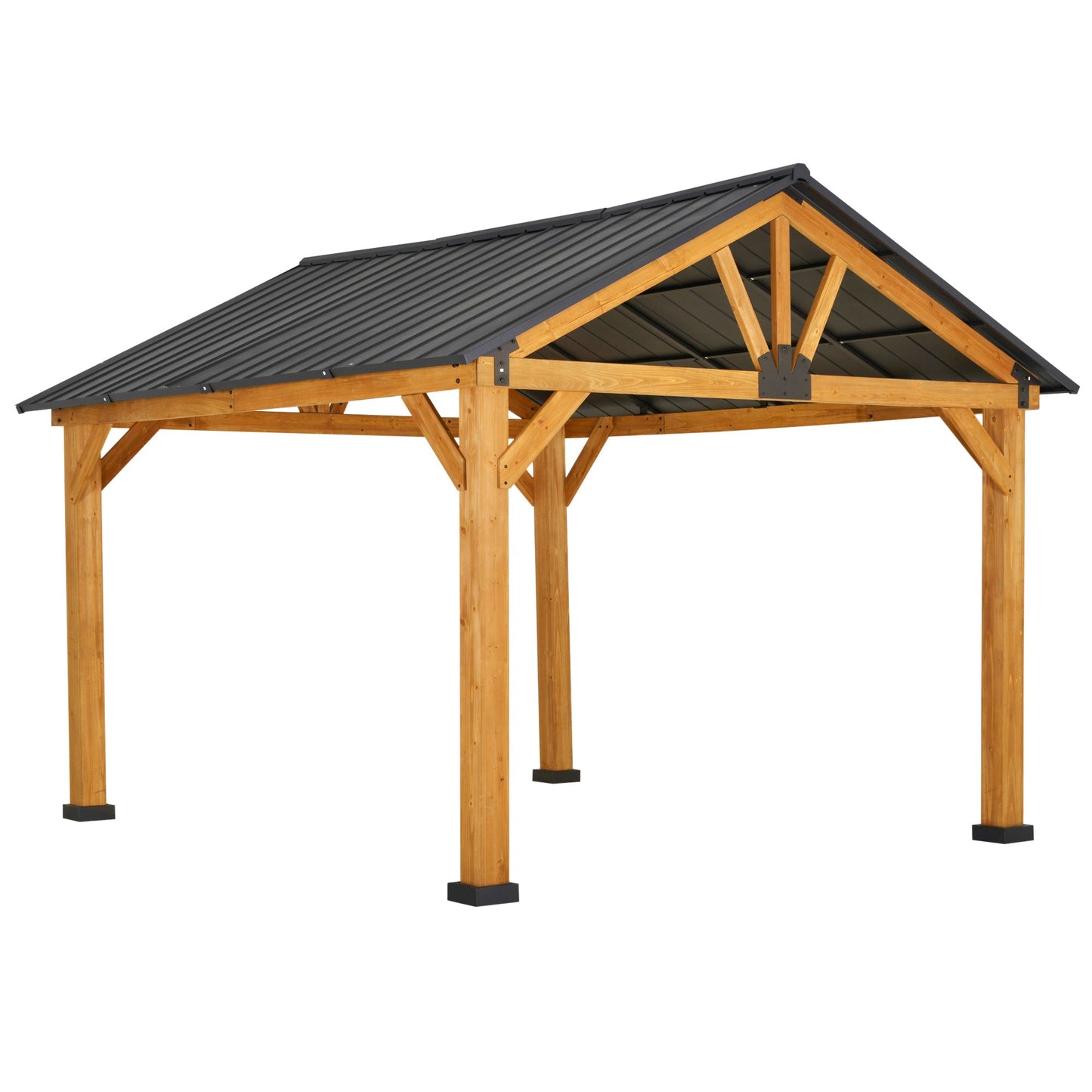 Outdoor and Garden-11' x 13' Hardtop Gazebo with Wooden Frame, Permanent Metal Roof Gazebo Canopy with Ceiling Hook for Garden, Patio & Backyard, Natural/Black - Outdoor Style Company