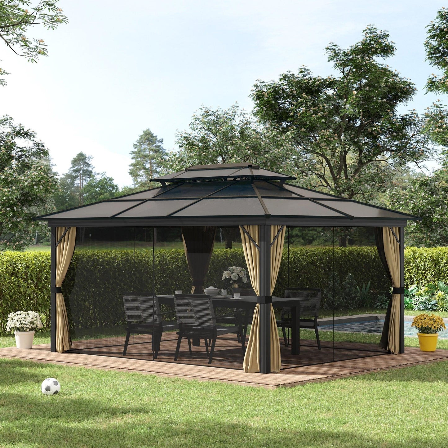 Outdoor and Garden-11x15 Hardtop Gazebo with Aluminum Frame, Polycarbonate Gazebo Canopy with Ceiling Hooks, Curtains and Netting for Garden, Beige - Outdoor Style Company