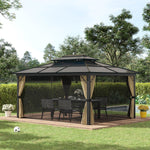 Outdoor and Garden-11x15 Hardtop Gazebo with Aluminum Frame, Polycarbonate Gazebo Canopy with Ceiling Hooks, Curtains and Netting for Garden, Beige - Outdoor Style Company