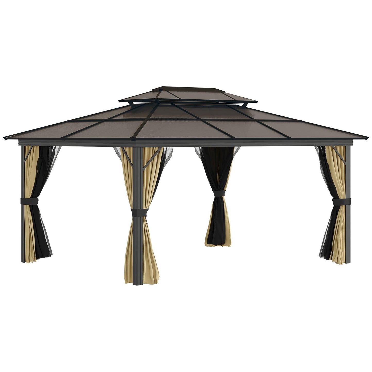 Outdoor and Garden-11x15 Hardtop Gazebo with Aluminum Frame, Polycarbonate Gazebo Canopy with Ceiling Hooks, Curtains and Netting for Garden, Beige - Outdoor Style Company