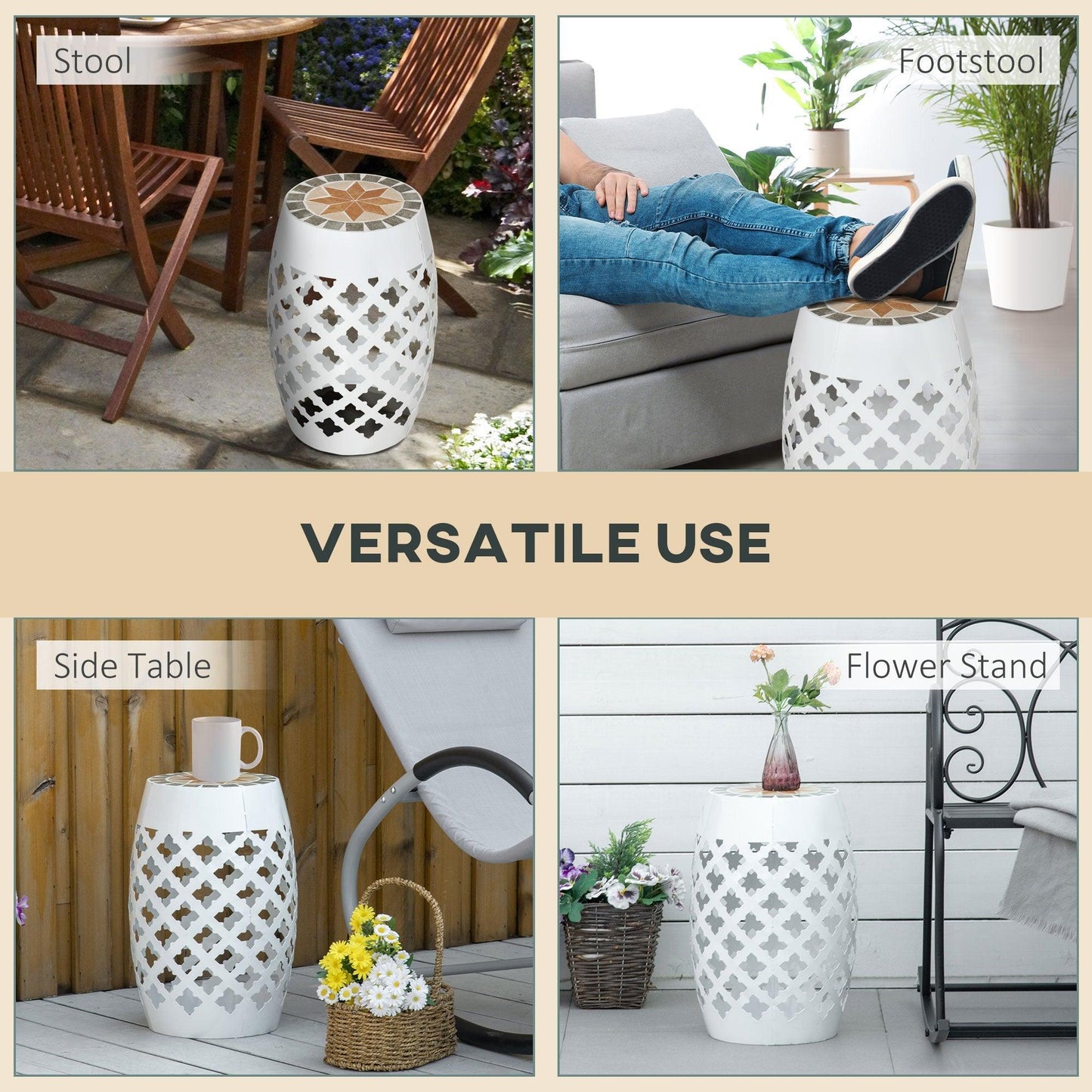 Outdoor and Garden-12" Round Patio Outdoor Footstool, Garden Mosaic Accent Side Table, Plant Stand, White - Outdoor Style Company