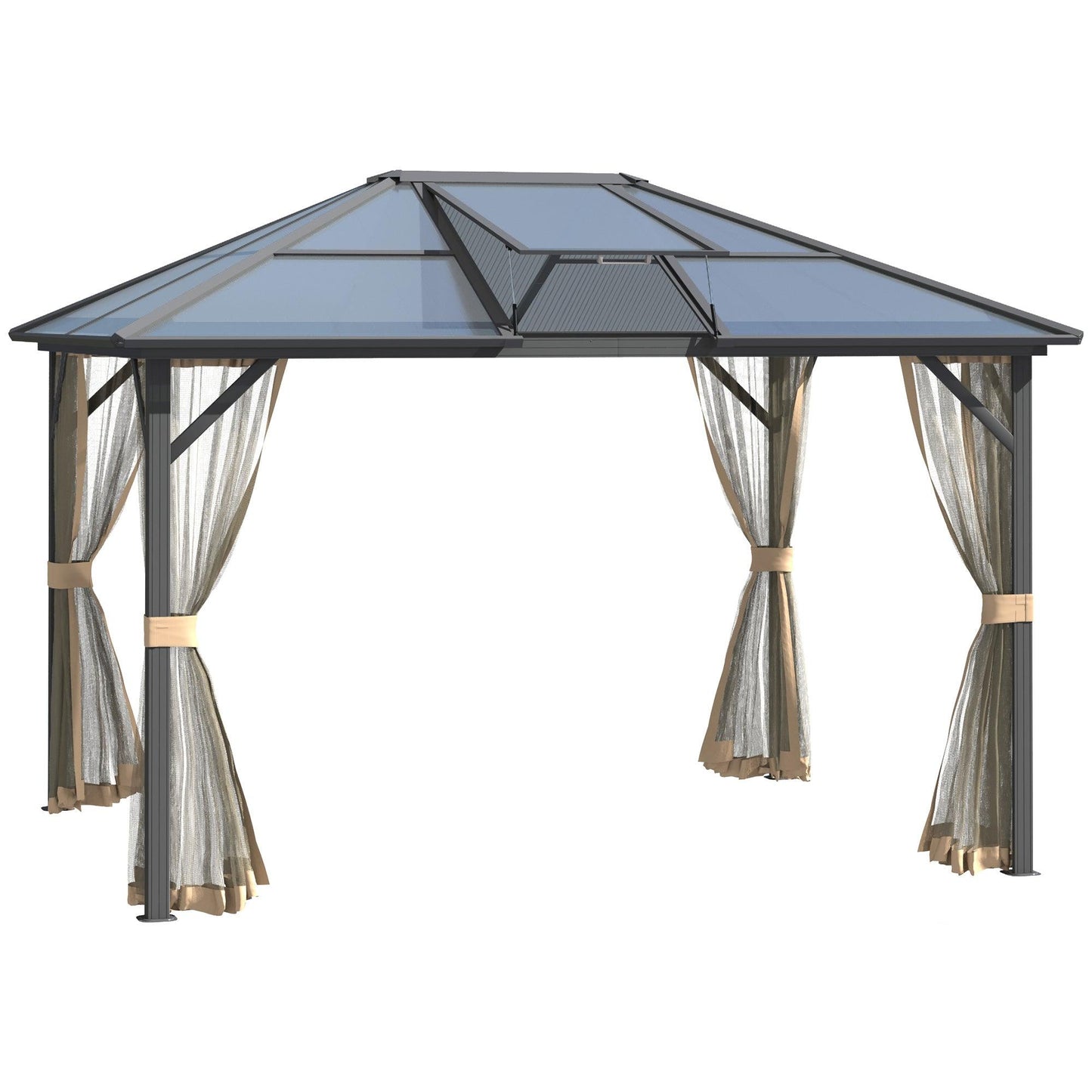 Outdoor and Garden-12' x 10' Hardtop Polycarbonate Gazebo Canopy Aluminum Frame Pergola with Top Vent and Netting for Garden, Patio, Grey - Outdoor Style Company