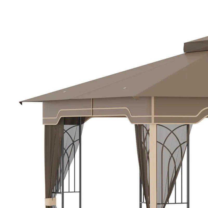 Outdoor and Garden-12' x 10' Patio Gazebo Outdoor Canopy Shelter with Double Tier Roof and Netting Sidewalls for Garden, Lawn, Backyard and Deck, Brown - Outdoor Style Company