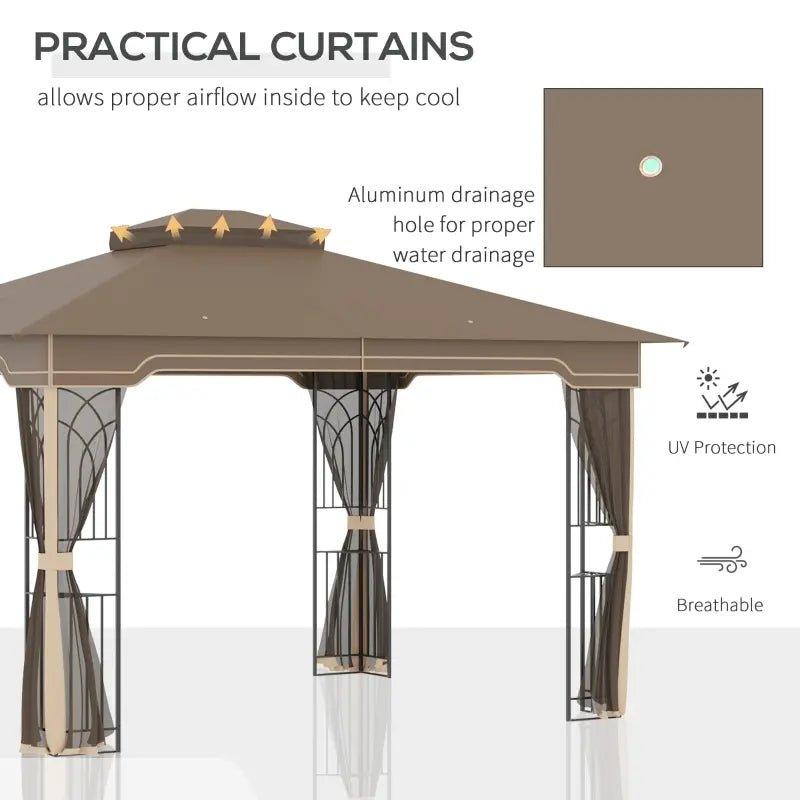 Outdoor and Garden-12' x 10' Patio Gazebo Outdoor Canopy Shelter with Double Tier Roof and Netting Sidewalls for Garden, Lawn, Backyard and Deck, Brown - Outdoor Style Company